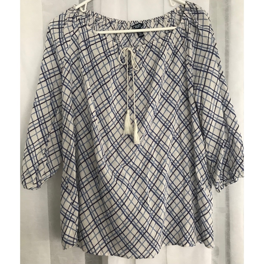 Chaps Denim Women Blue White Plaid Off Shoulder Peasant Blouse‎ Tassel Small